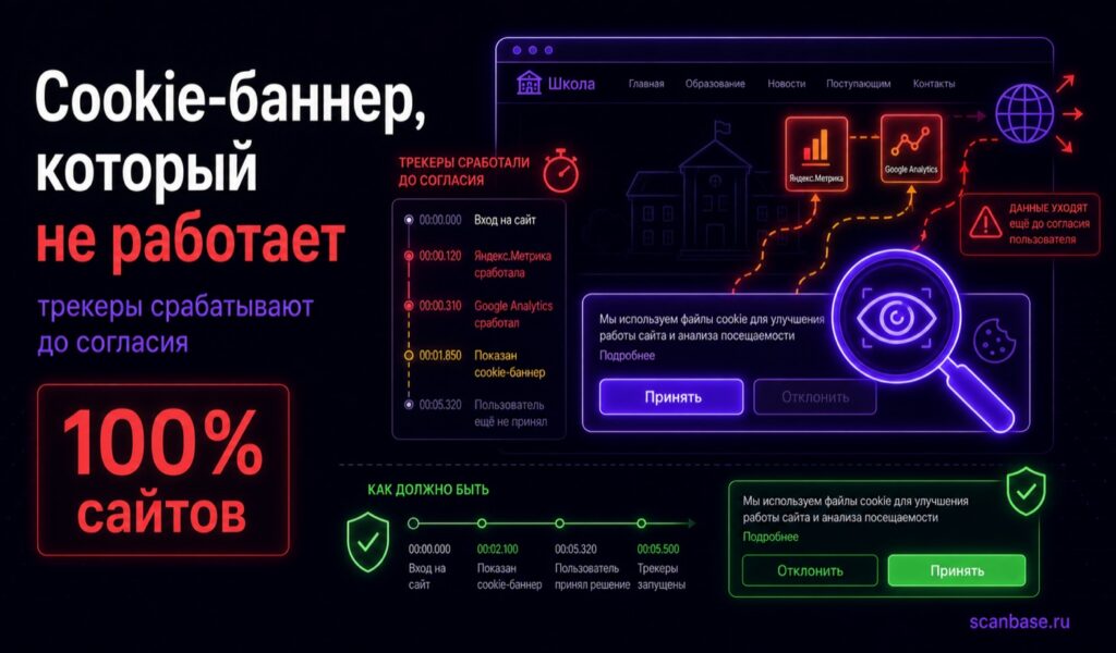 Cookie-баннер на сайте школы и вуза — трекеры срабатывают до согласия