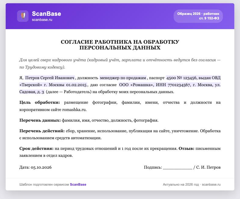 Образец согласия на обработку персональных данных работника 2026